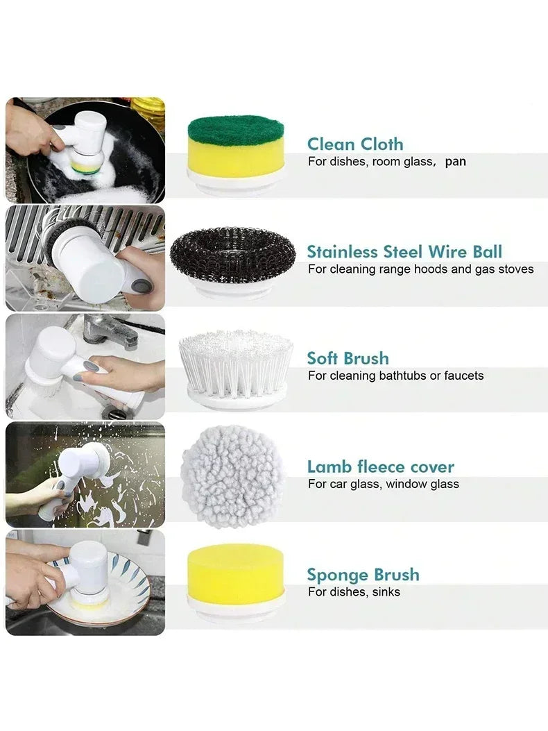 Cordless Electric Spin Scrubber — 5 Brush Heads, USB Rechargeable