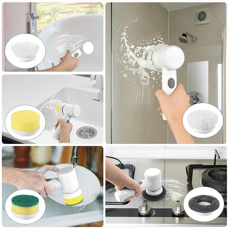 Cordless Electric Spin Scrubber — 5 Brush Heads, USB Rechargeable
