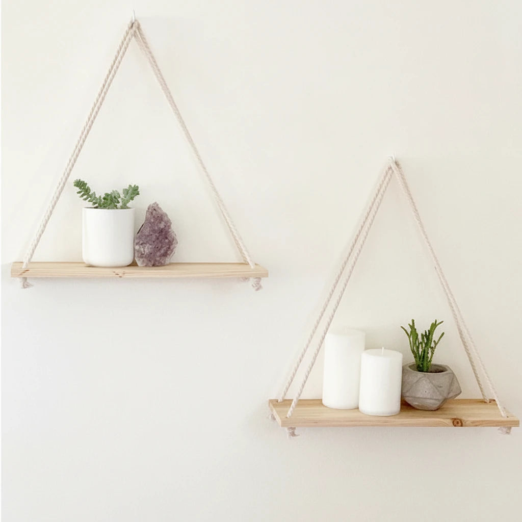Wooden Hanging Rope Wall Shelf
