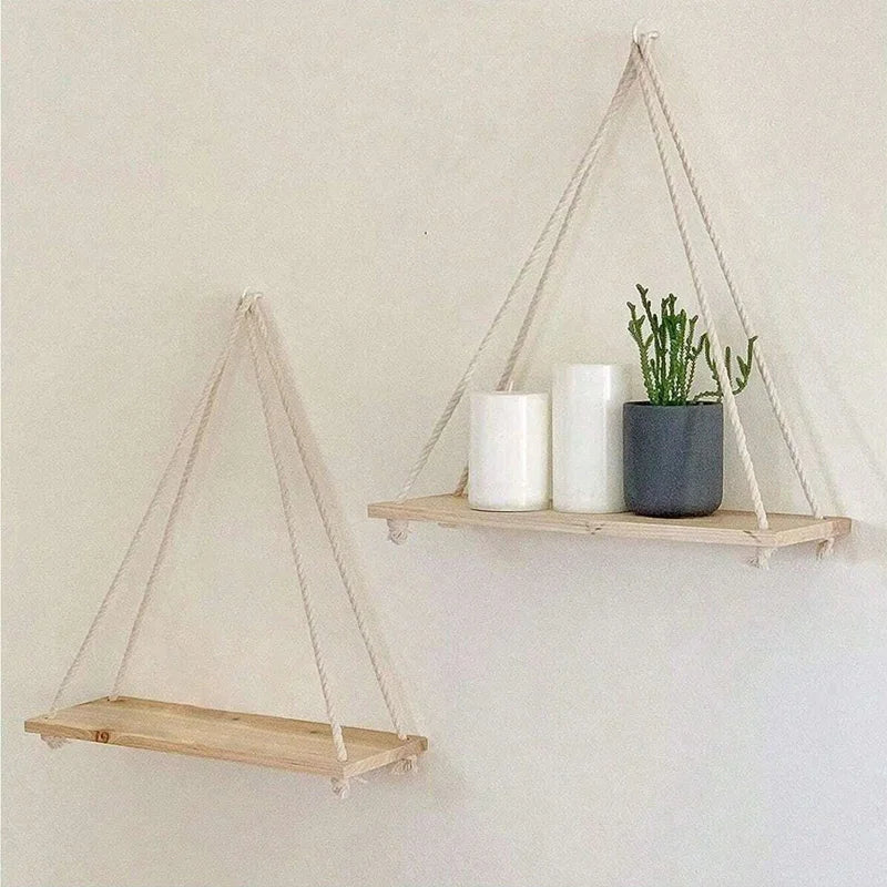 Wooden Hanging Rope Wall Shelf