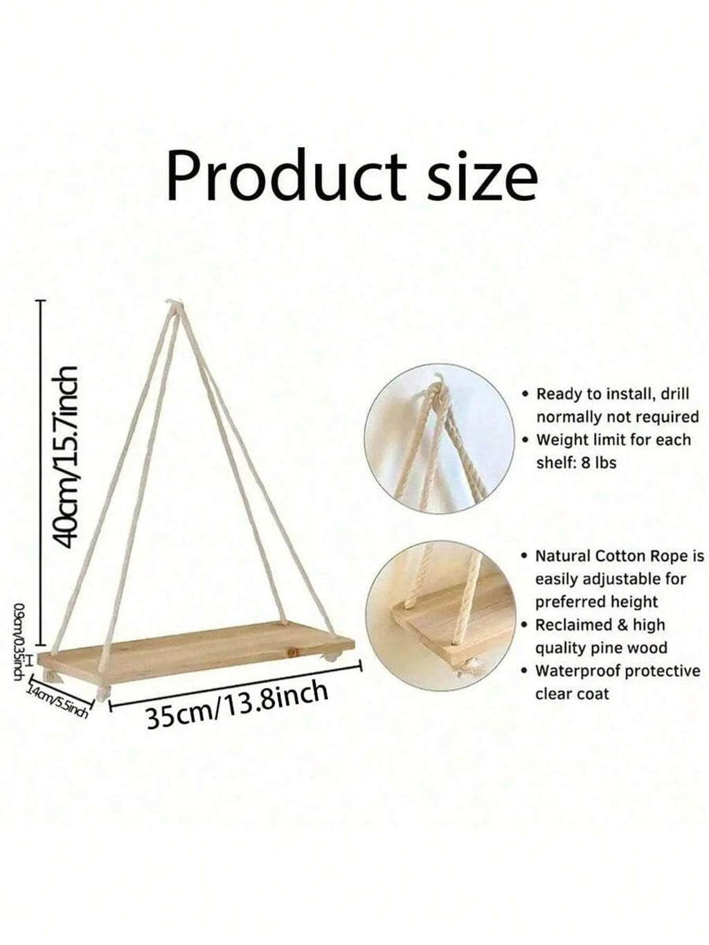 Wooden Hanging Rope Wall Shelf