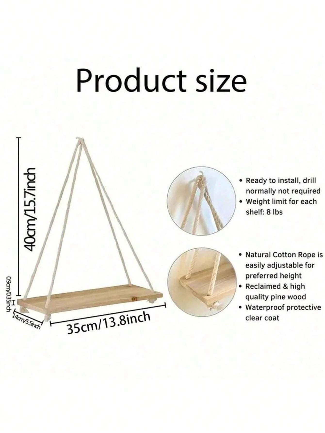 Wooden Hanging Rope Wall Shelf