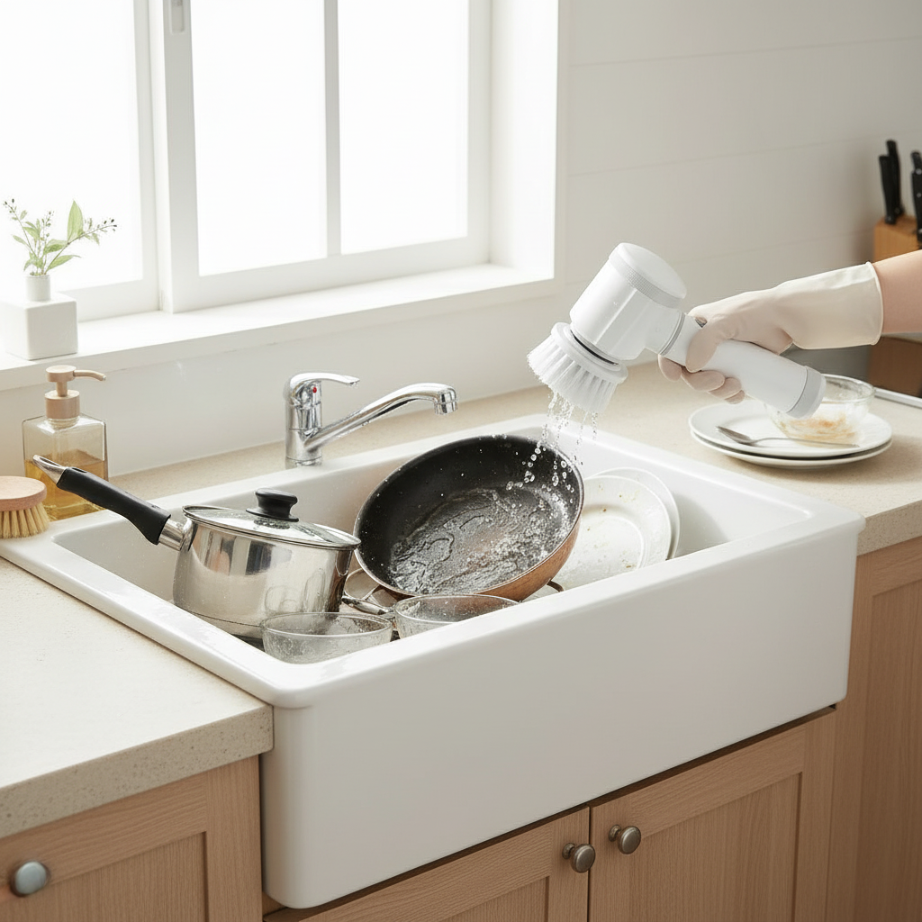Cordless spin scrubber cleaning dishes in kitchen sink