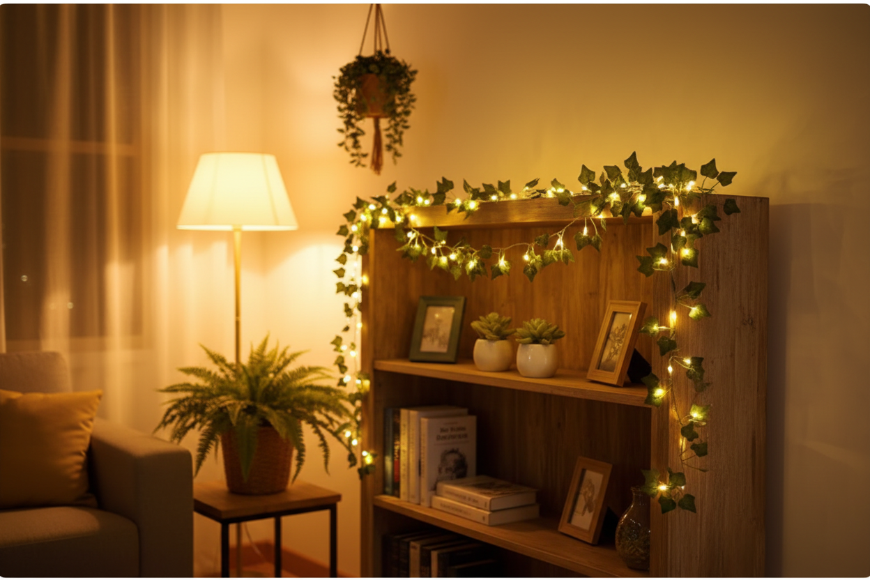 Ivy fairy lights along a bookshelf
