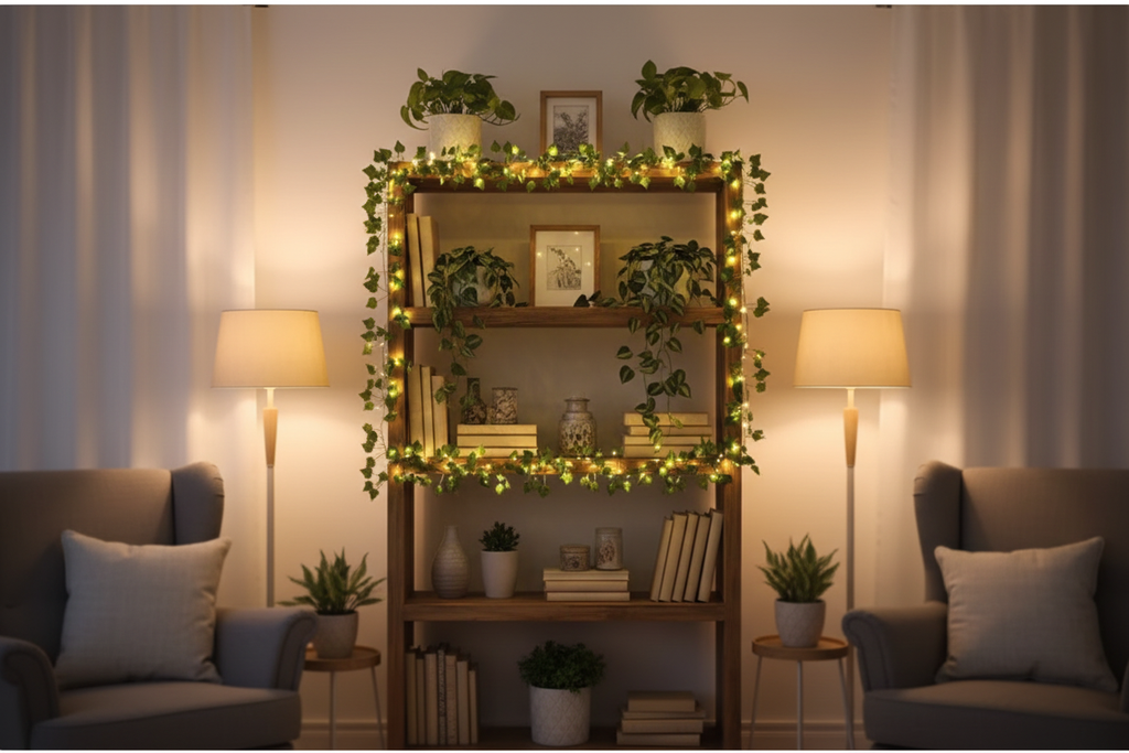 Ivy fairy lights along a bookshelf