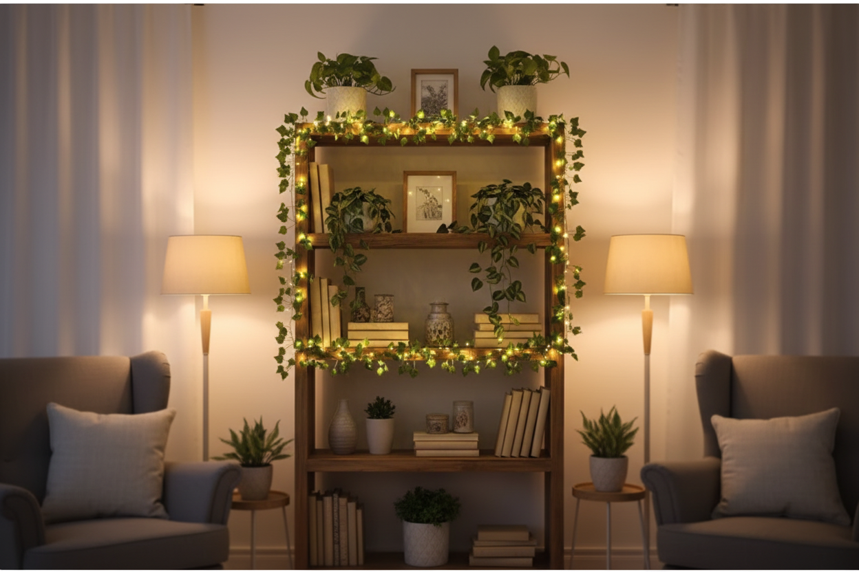 Ivy fairy lights along a bookshelf