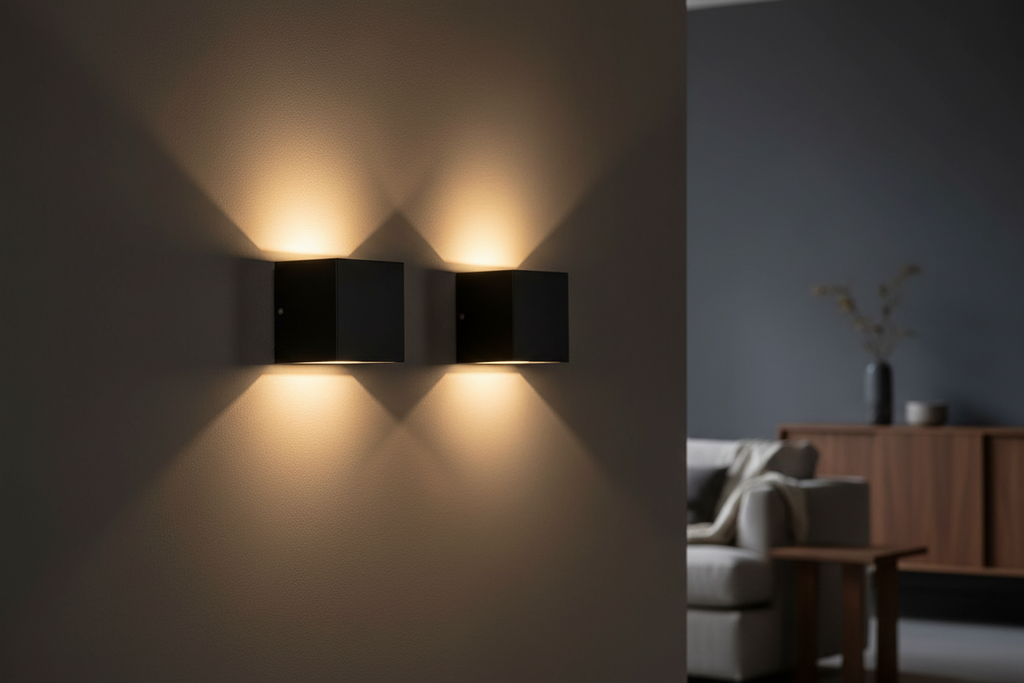 Modern LED wall sconce in matte black on dark grey wall