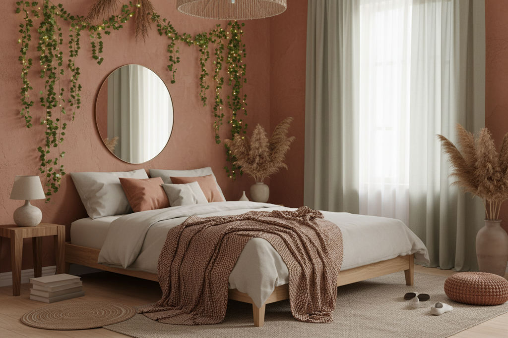 Ivy fairy lights in a natural bedroom