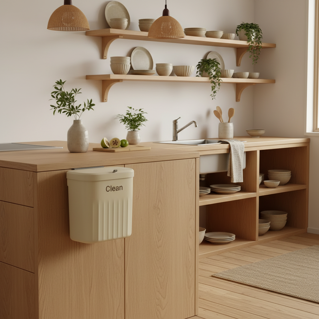 Wall-mounted kitchen trash bin in a cozy minimalist apartment kitchen