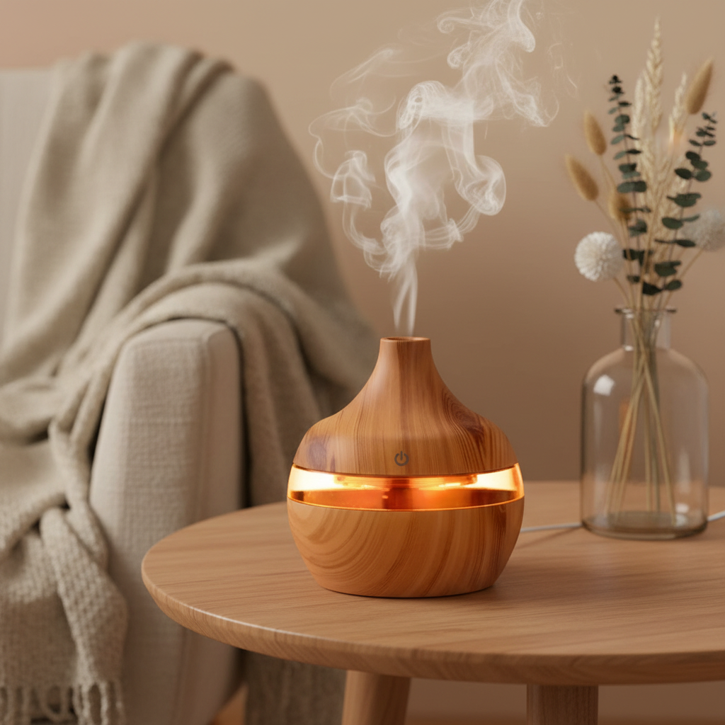 Aroma diffuser close-up in a cozy minimalist living room