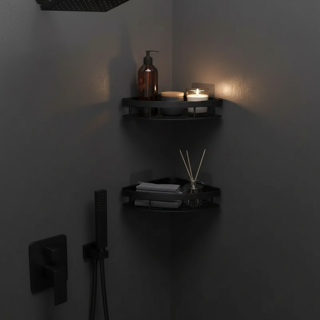 No-drill corner shelf in a dark moody luxury bathroom