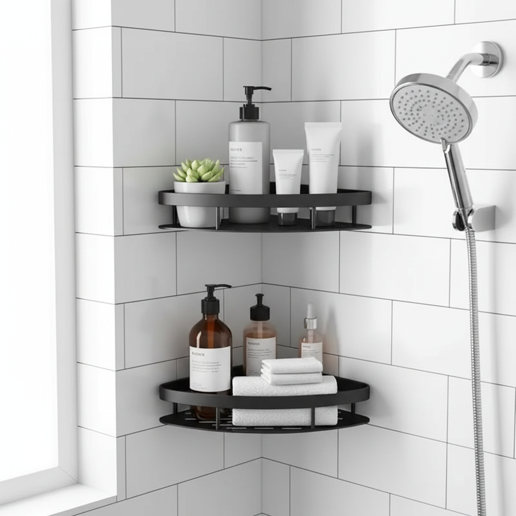 No-drill corner shelf close-up in a bright minimalist bathroom