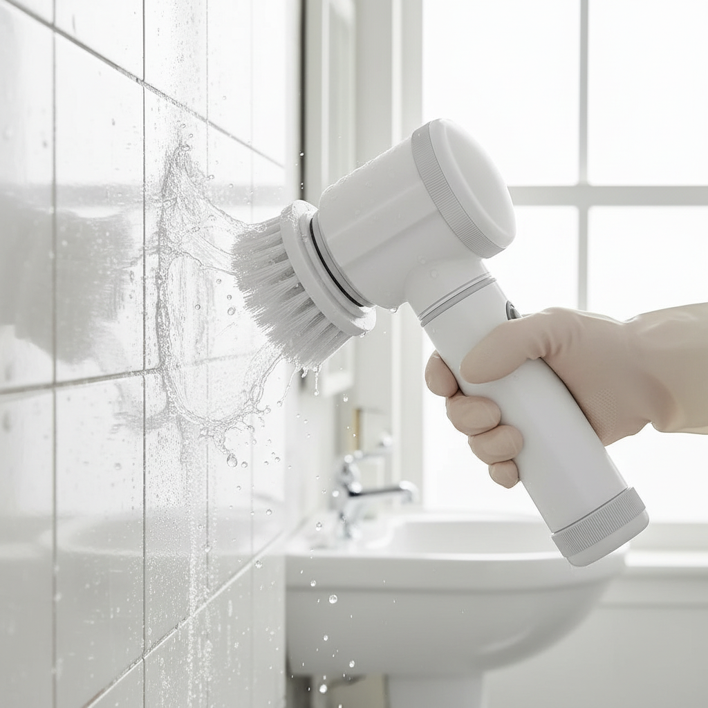 Cordless spin scrubber cleaning bathroom tile grout