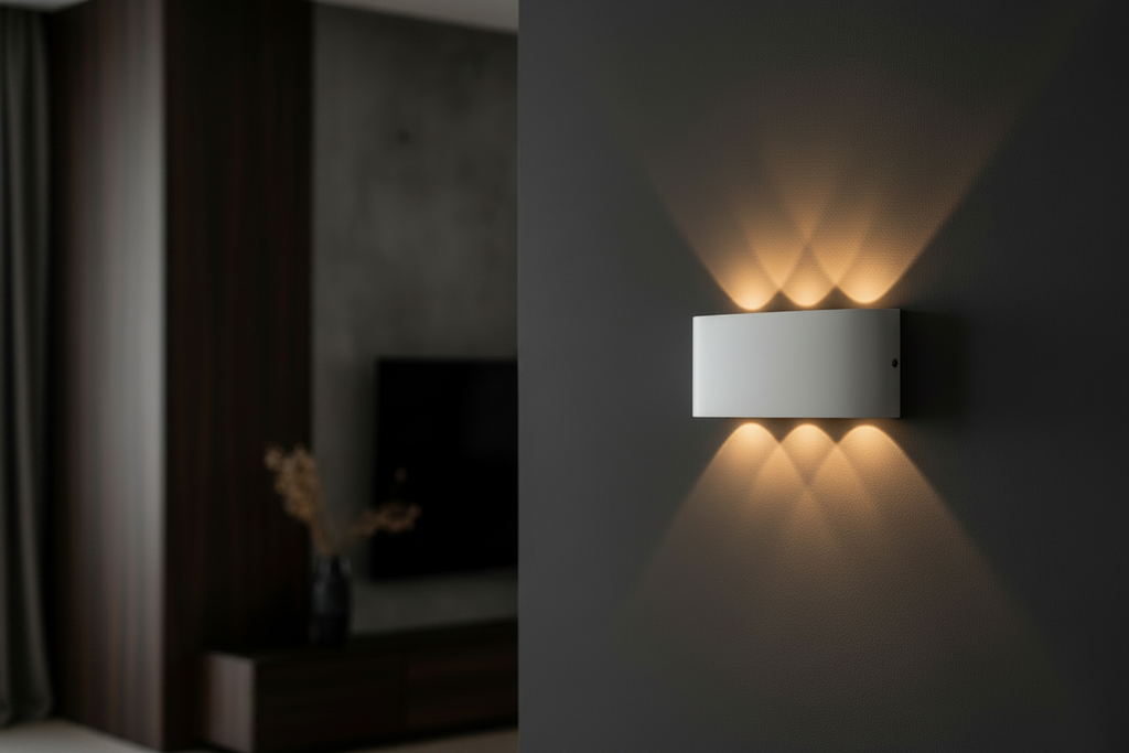 Modern LED wall sconce in matte white on dark charcoal wall
