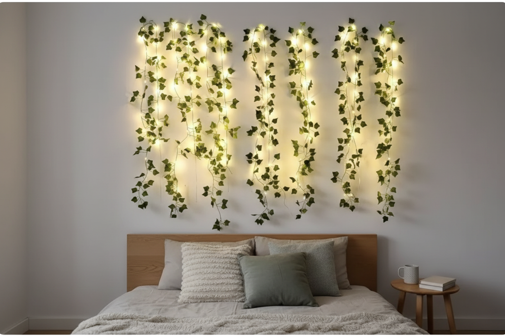 Ivy fairy lights on bedroom wall